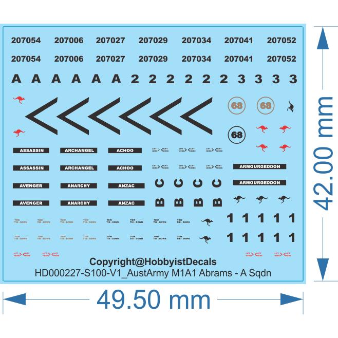 ADF Army Abrams M1A1 MBT Decals - 1/16 1/35 1/48 1/72 HO (1/87) - Water Decal