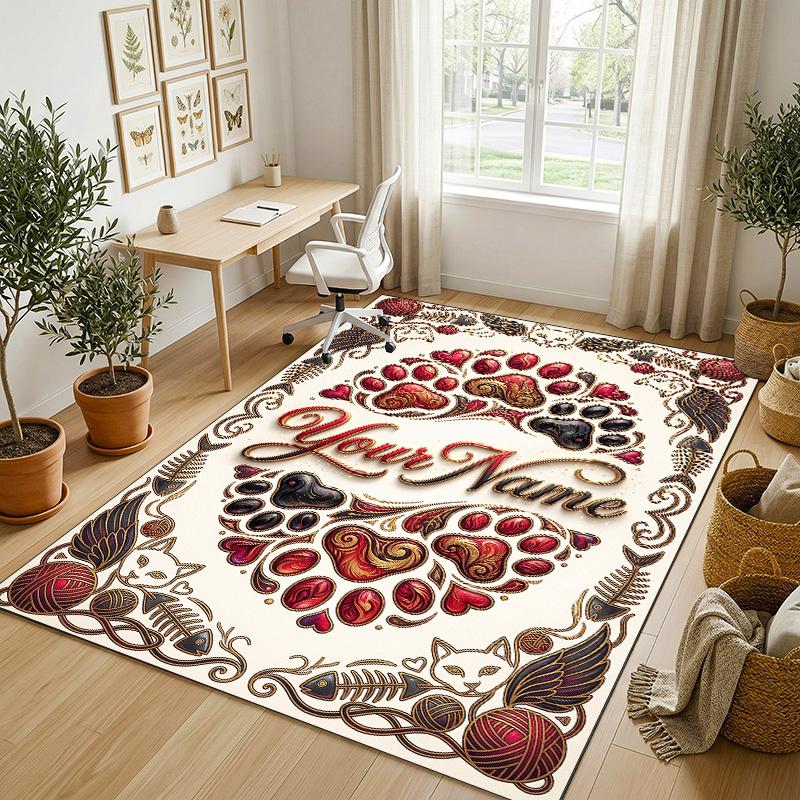 Cat Theme Crystal Velvet Rug Personalized Custom Name Text Soft Floor Mat Home Decor