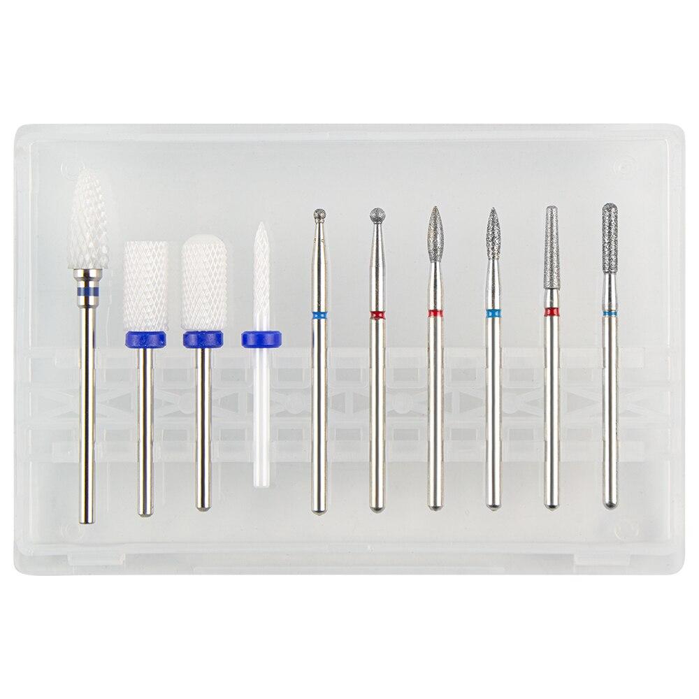Sada 10ks fréz na manikúru Keramické vrtáky na nehty Čistič kartáč Diamantový mlýnek Příslušenství pro odstranění gelového laku