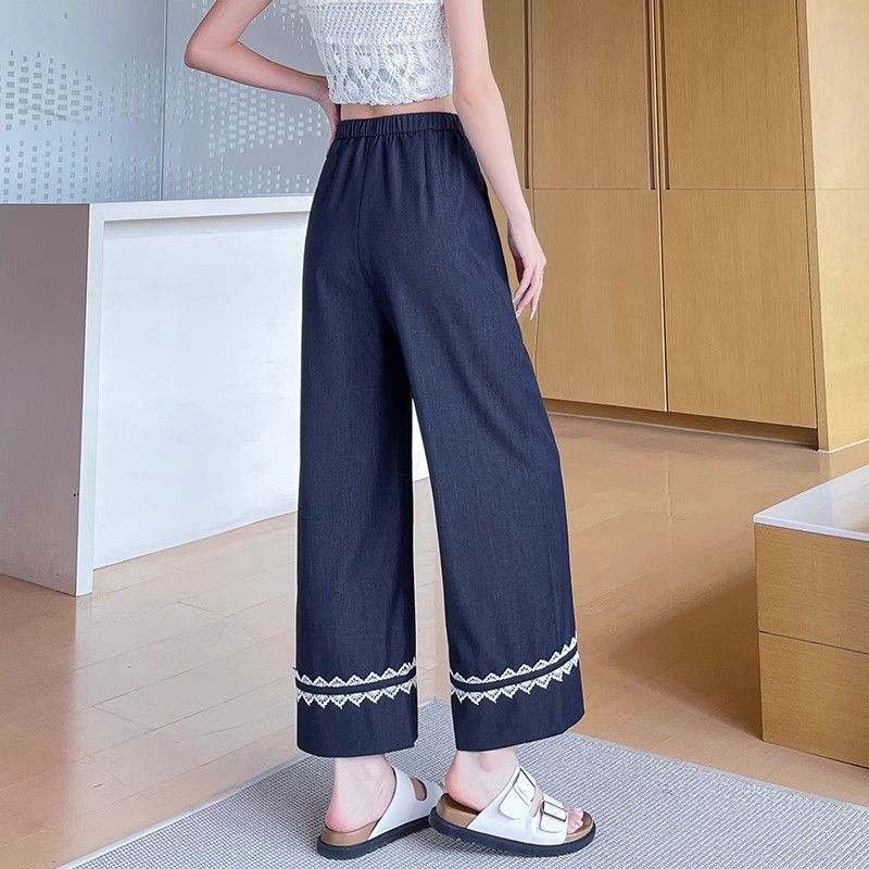 Korean Wide-leg Women Summer Thin New High-waisted Loose Petite Lace Straight Pants