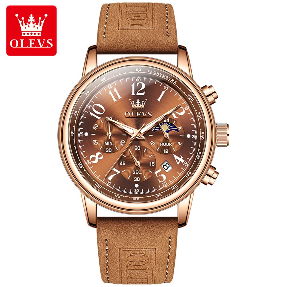 OLEVS 2912 Oem Custom Luxury Brand Fashion Moon Phase Genuine Leather Strap Multifunctional Chronograph Quartz Watch for Man