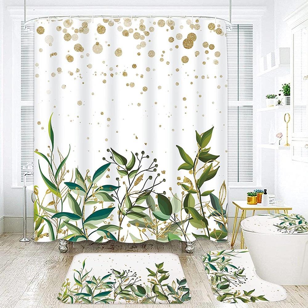 Green Leaves Shower Curtain Sets Spring Rural Plant Flower Bathroom Curtains Non-Slip Toilet Lid Cover Rug Baths Mats Home Decor
