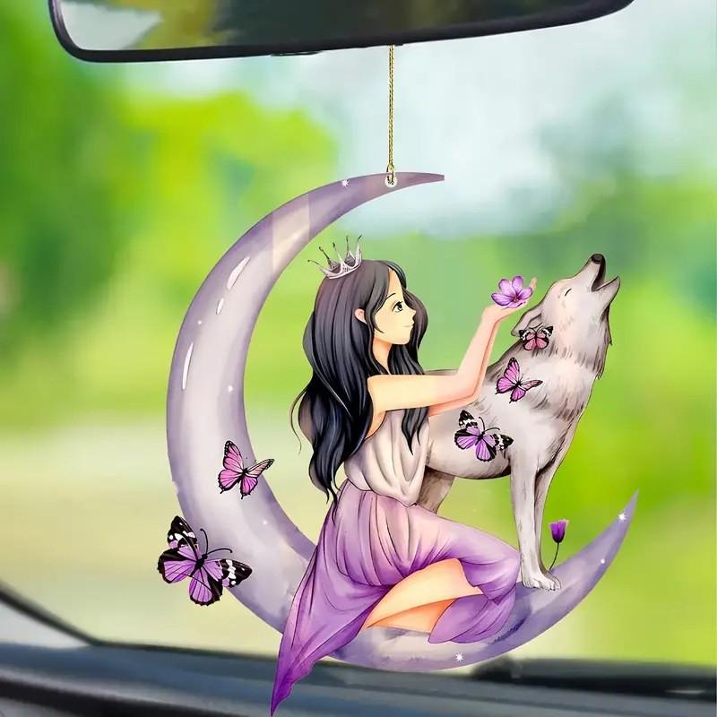 Colorful Acrylic Cartoon Floral Moon Girl Wolf Butterfly Car Pendant For Unique Auto Style