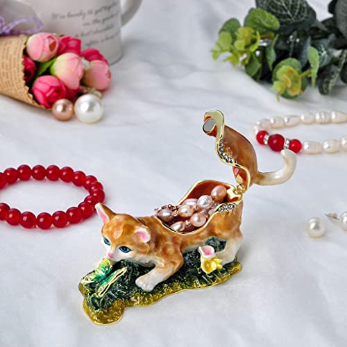 Cat Trinket Box, Small Animal Figurine, Gold Plated Crystal Enamel Jewelry, Animal Home Decor, Gift for Cat Lovers