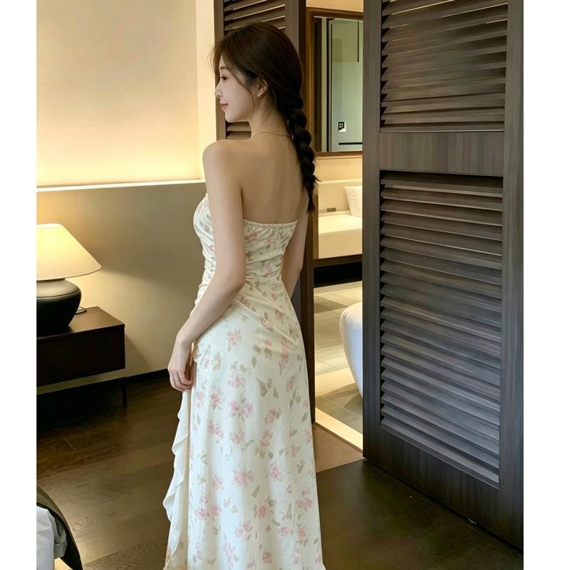 Slit tube top dress, summer women's clothing, floral lotus leaf lace, gentle and white, waist and hip temperament