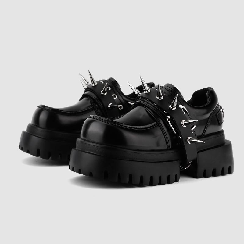 Fashion Loafers Women's New Sweet and Cool Brock rivet Style Thick-soled Heightening Single Retro Black Non-slip Small Leather Shoes