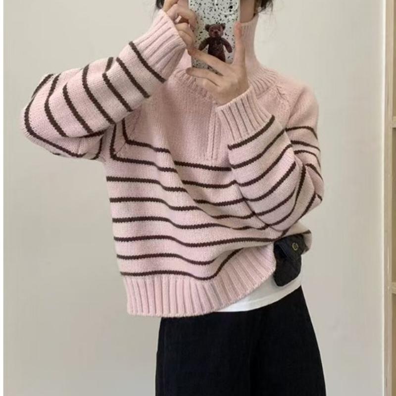 New Loose Casual Knitted Pullover Striped Women Sweater Autumn/Winter Half Zipper Fashion Korean Long Sleeve Short Top Office Knitwear Simple Clothing