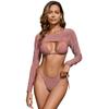 Women Three Piece Swimwear Set Nylon Solid Color Bikini Top Bottom Long Sleeve Cover Up