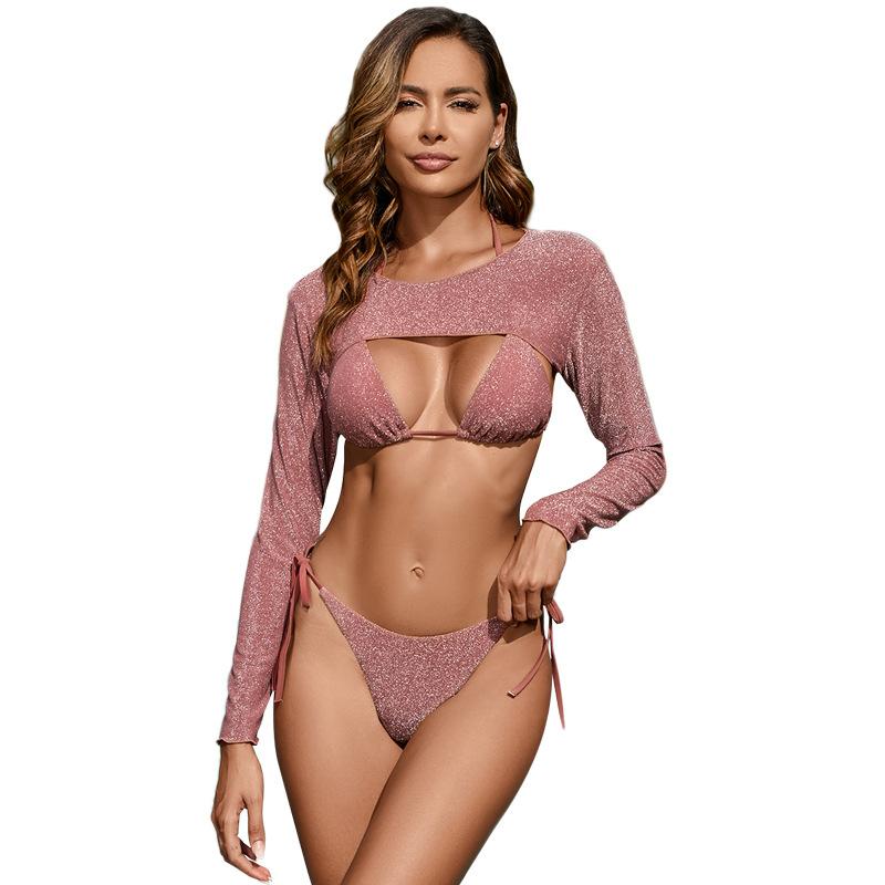 Women Three Piece Swimwear Set Nylon Solid Color Bikini Top Bottom Long Sleeve Cover Up