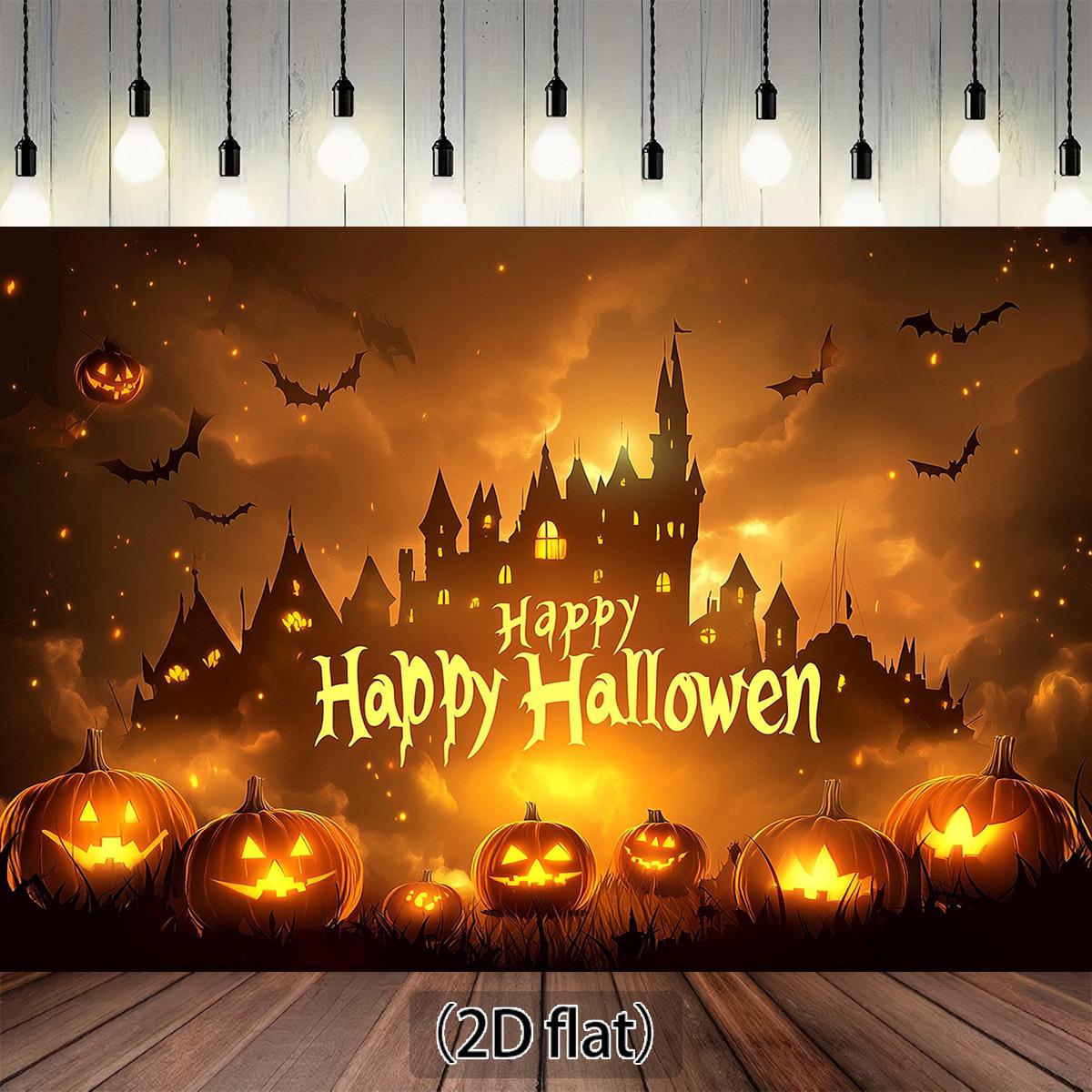 1pc Non Electric Halloween Party Background Cloth - Gothic Castle Pumpkin Lantern Happy Halloween Text 180X110
