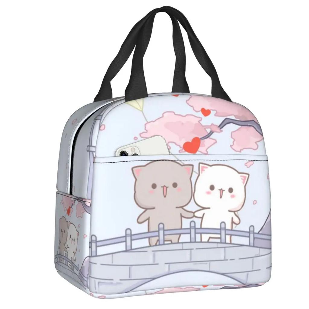 Peach and Goma Insulated Lunch Bags for Work School Picnic Cartoon Mochi Cat Leakproof Cooler Thermal Lunch Box for Women Kids