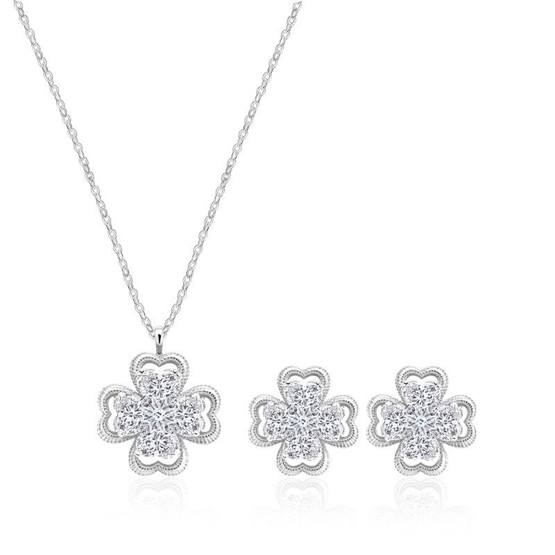 Copper Earring Necklace Set With Full Zirconia Clover Charm Hypoallergenic Plated Jewelry Women