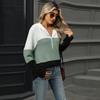 Women's Autumn and Winter New Loose Contrasting Color Spliced Zipper Hooded Long Sleeved Top for Women