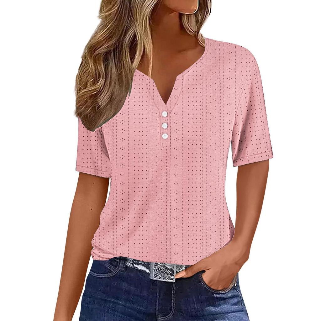European & American Style V-Neck Jacquard Hollow-Out Short-Sleeve T-Shirt: Fashionable, Casual, Loose, Comfortable Summer Vacation Top