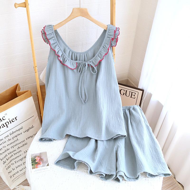 Spring and summer new loungewear pure cotton gauze Korean version floral series suspender shorts set breathable loose pajamas