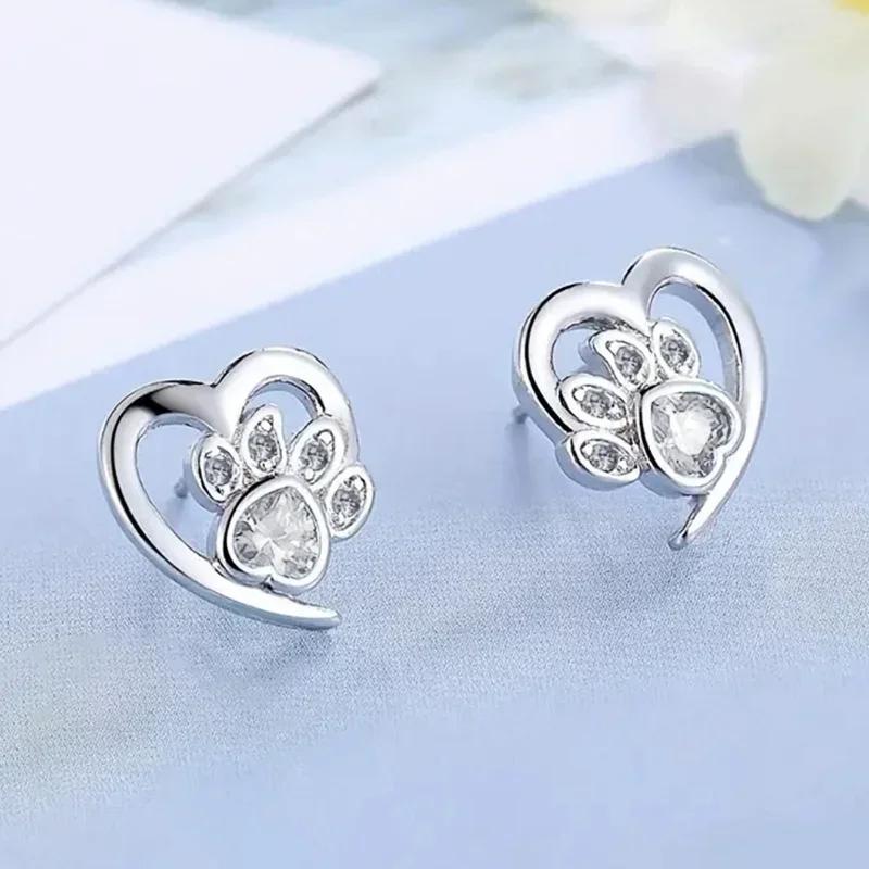 Sweet Shiny White CZ Heart Pierced Earrings for Girls  Sterling Silver Cute Pet Paw Prints Jewelry Daily Party Jewelry