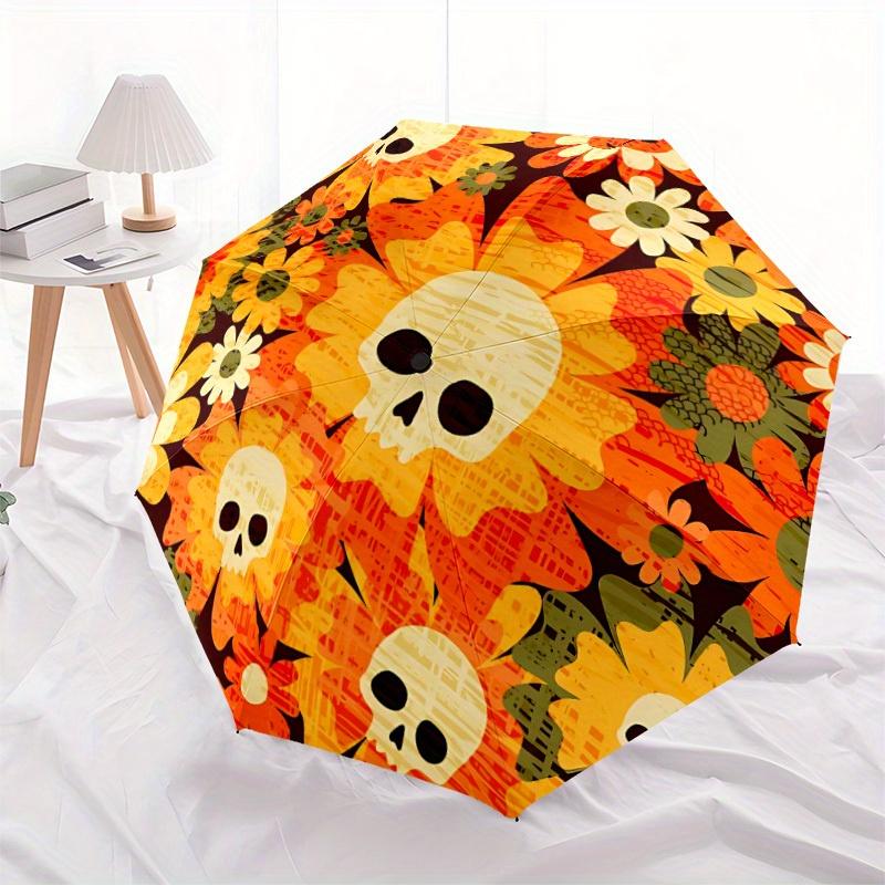 1pc Skull Flowers Automatic Open/Close Umbrella, Portable Folding Umbrella for Travel, Themed Events,