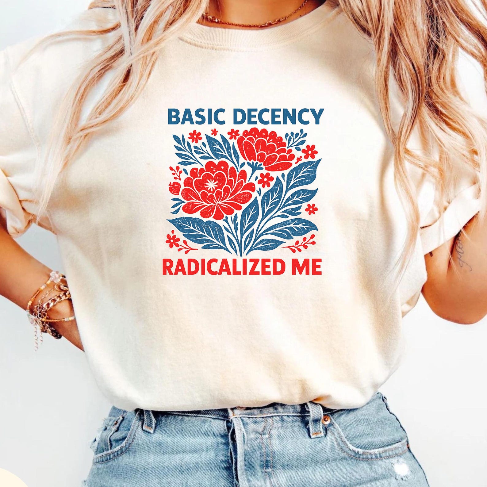 Comfort Colors Feminist Shirt, Floral Graphic Tee, Radicalized by Basic Decency L