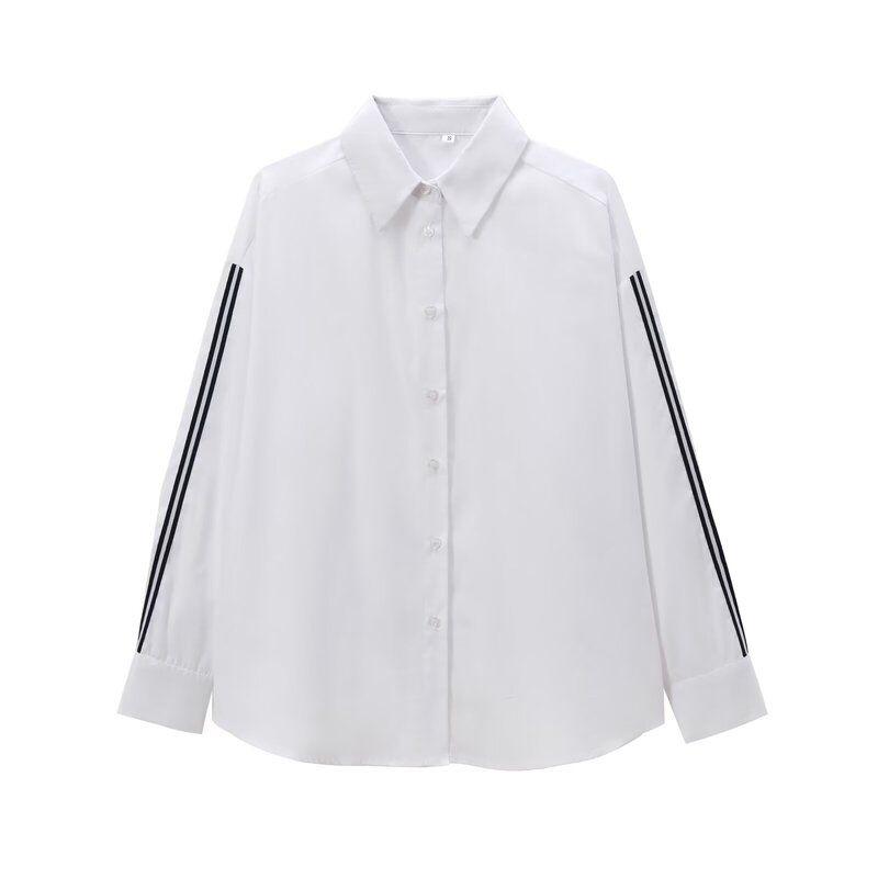 Fashion Style 2024 Fall and Winter New Women's Side Stripes with Decorative Poplin White Long Sleeves Shirt 3666180