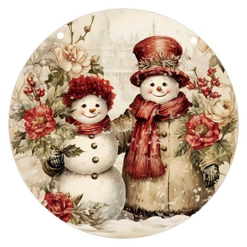 

1 шт. Круглая подвесная табличка «Пара снеговиков» - Универсальное настенное искусство для Рождества, Хэллоуина и домашнего декора, Декоративное украшение 20x20cm белый
