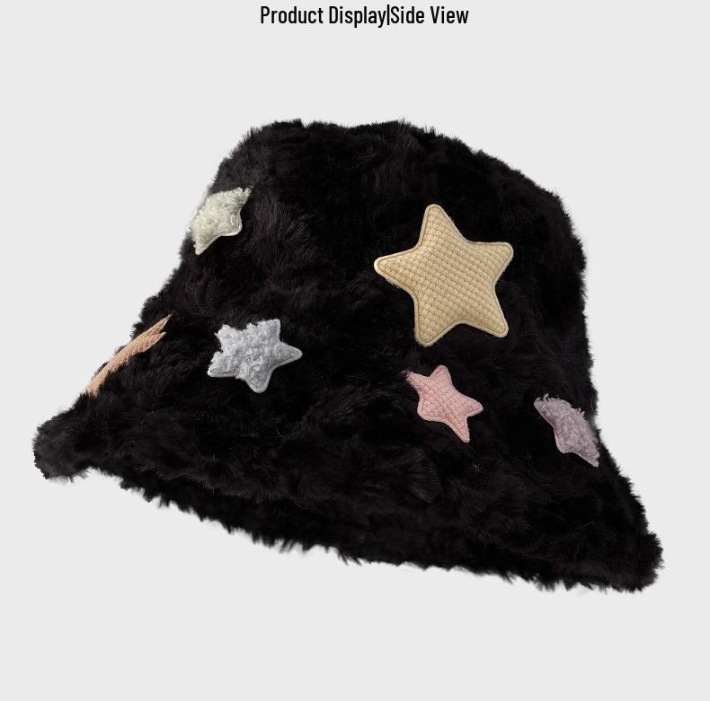New Arrival: Women's White Star Plush Fisherman Hat - Japanese Style Winter Accessory