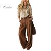 Long Sleeves Shirt Trousers Women Casual Two Piece Set for Fall, V Neck Collared Solid Color Suit & Wide Leg Pants, Loose Fit Autumn Outfits