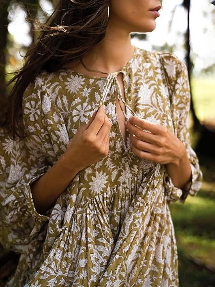 

Women s Floral Print V-Neck Puff Sleeve Dress, Loose Fit Summer Dress, Red White Boho Dress S оливковое зеленый