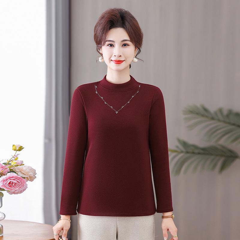 Women s Long-Sleeve Velvet-Lined Warm T-shirt for Middle-Aged & Elderly - Autumn/Winter Layer 5XL