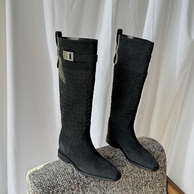

5.5CM European goods are popular, but knee knight boots 2025 autumn and winter new square head thick heel inner height-increasing high boots 40