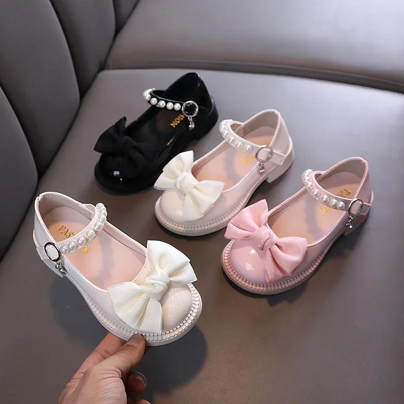 New Children's Leather Shoes Fashion Girls Party Shoes Sweet Bowtie Kids Princess Causal Pearl Ballet Performance Dress Shoes