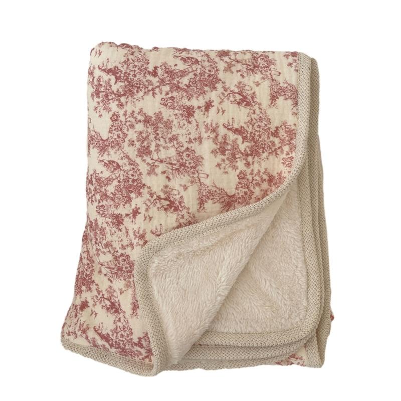 Couverture en Coton Imprimé Réversible Bord Crochet Fleur Couverture Polyvalente Double Épaisseur Chaude pour Bébés & Adultes