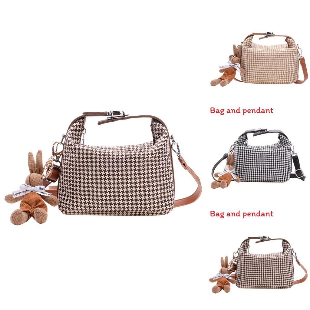 Simple Houndstooth Pattern Parent Child Shoulder Bag With Pendant For Kids Daily Use