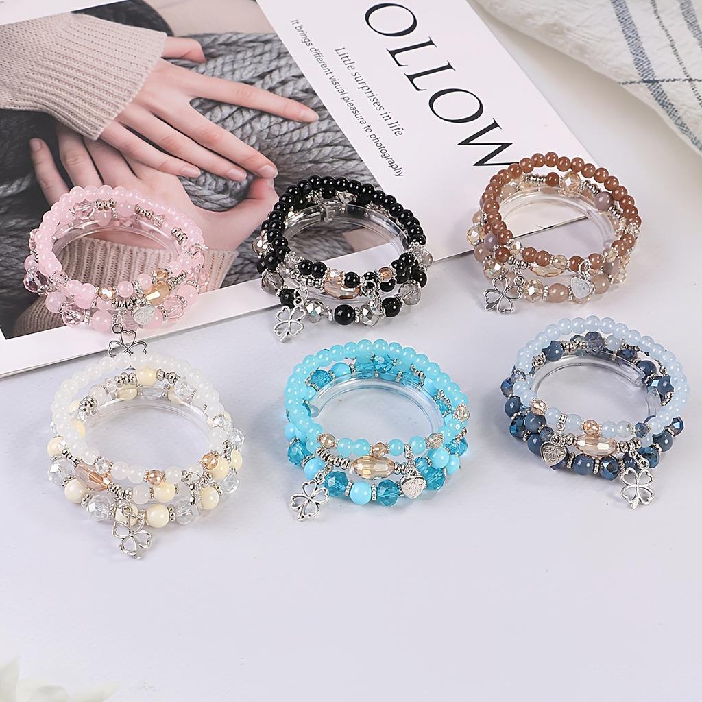 3er Set Bohemian Schmuck mit Schleifen- und Herzdesign, Handgefertigtes Perlen-Trend-Mehrlagenarmband für den Alltag