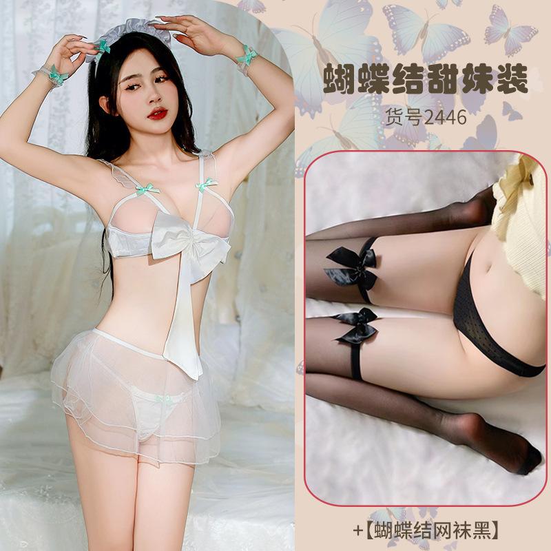 Sexy Lingerie Sexy Sweet Hollow Perspective Seduction Maid Dress Lace-up Bow Character Uniform Set