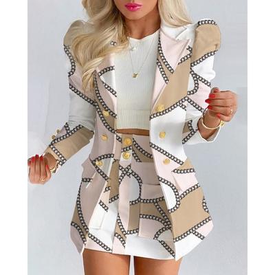 Printed Blazer Skirt Set Women's Thin 2 Pieces Set Lapel Long Sleeved Jacket Bag Hip Skirt Commuting Professional Attire Spring and Autumn New Fashion