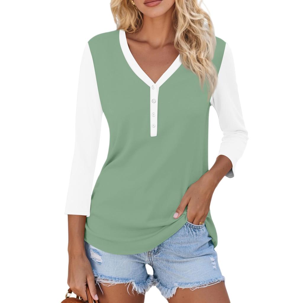Women's Casual Fashion Sexy Comfortable V-neck Button Stitching Color Three-quarter Sleeve Top