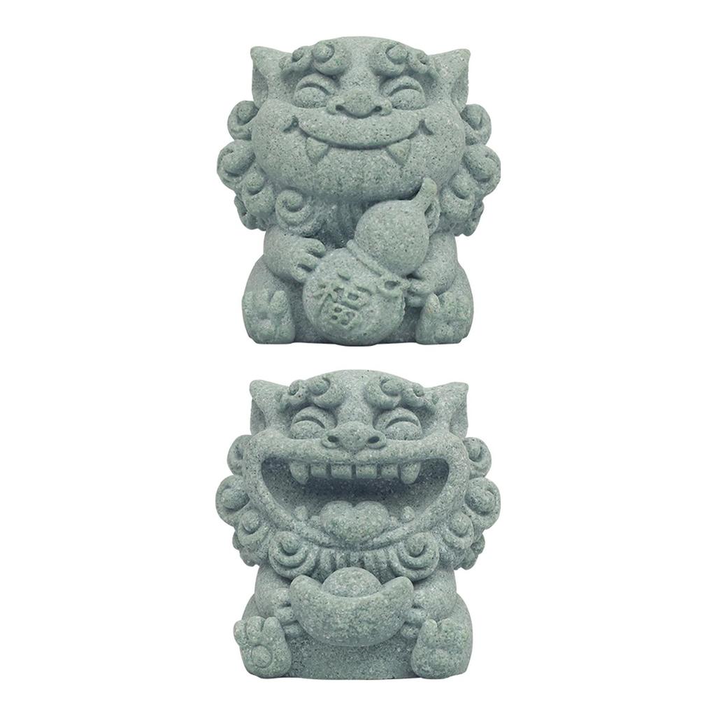 2x Mini Lion Statue Figurine Chinese Figurine Stone Sculpture Carving for Dollhouse Miniature Tabletop Entryway Garden Bedroom