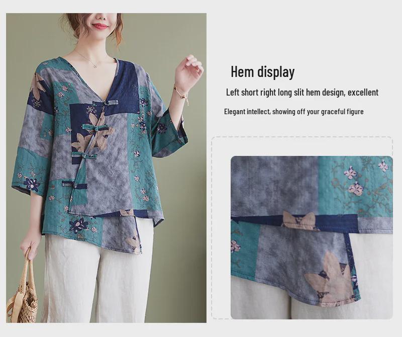 2022 Summer V-Neck Asymmetrical Cotton Linen Shirt - Printed, Plus Size, Mid-Length Sleeves, Retro Women's Fashion