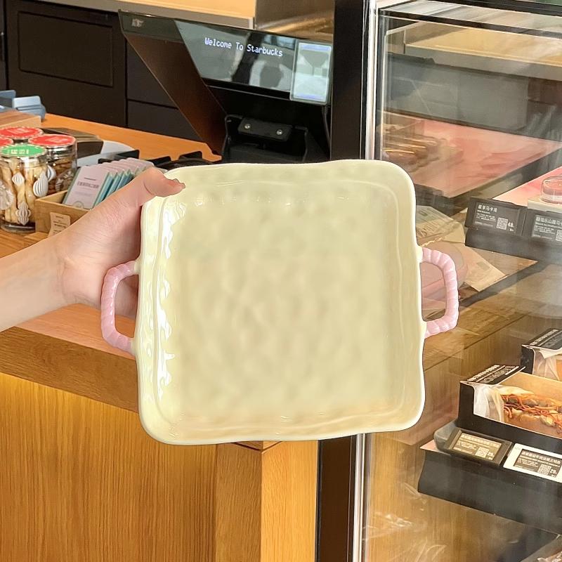 Ceramic Household Binural Dining Plates 10 Inch Rectangle Splicing Fruit Steak Plate Underglaze Colour Cream Wind Ovenware 10 Inches
