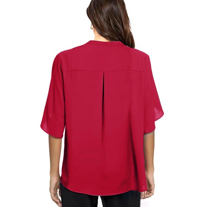 Summer New Women's Mid-sleeve Elegant Casual Solid Color V-neck Chiffon Shirt