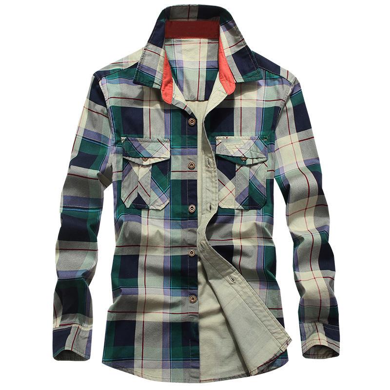 

Осень и Зима Новая Мужская Клетчатая Рубашка с Длинным Рукавом Деловая Повседневная Свободная Рубашка с Длинным Рукавом XXXXL зелёный
