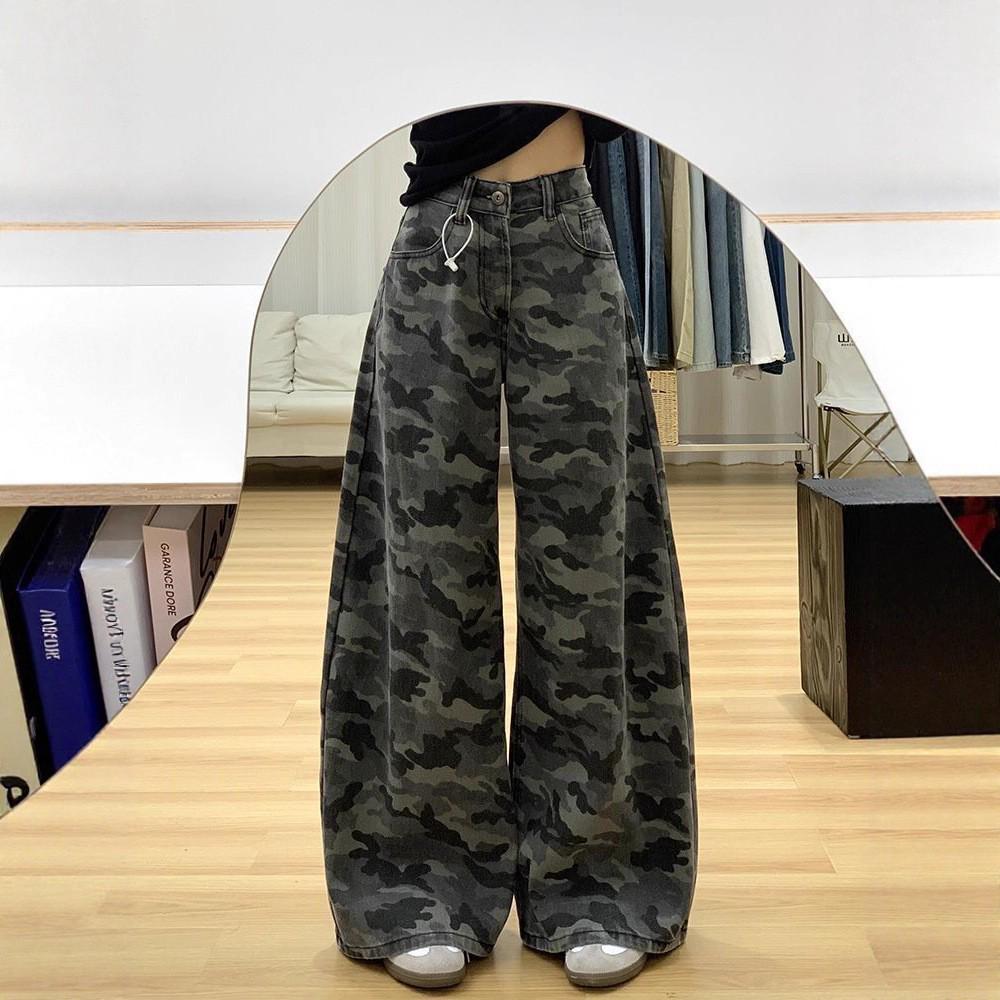 

High Waist American Street Style Camouflage Cargo Jeans: Women s Small, Loose, Straight Wide-Leg, Floor-Length XL камуфляжный
