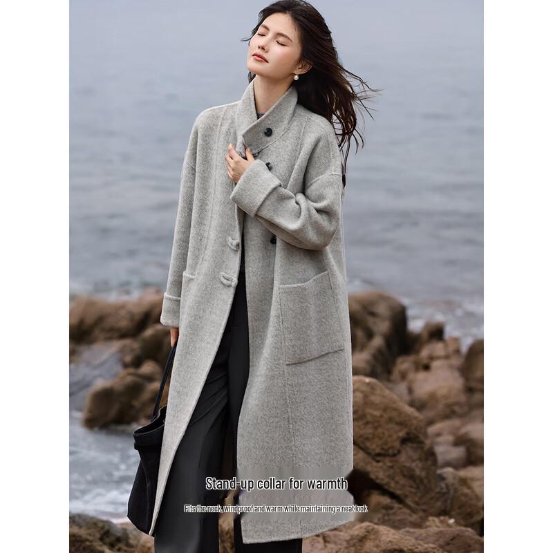 XWI Women's 100% Wool Stand Collar Double-Faced Winter Coat