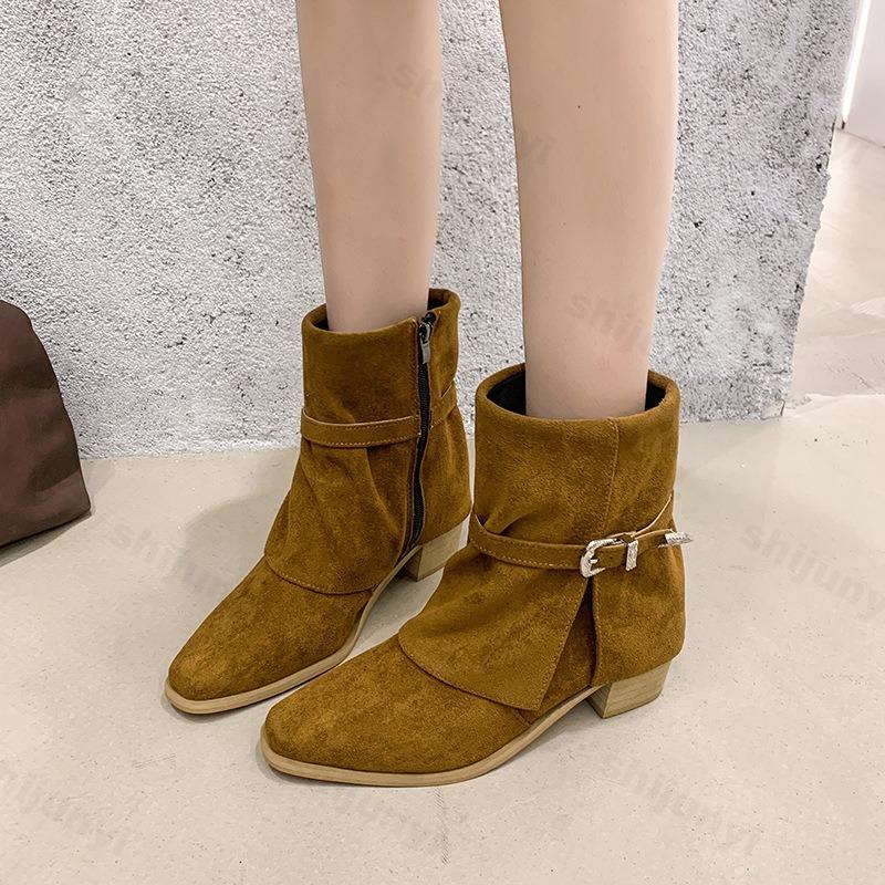 Women Boots Retro Pleated Round Toe Chunky Heel Boot 2026 New Autumn Winter Short Boots Khaki Velvet Surface Fashion Ankle Boots