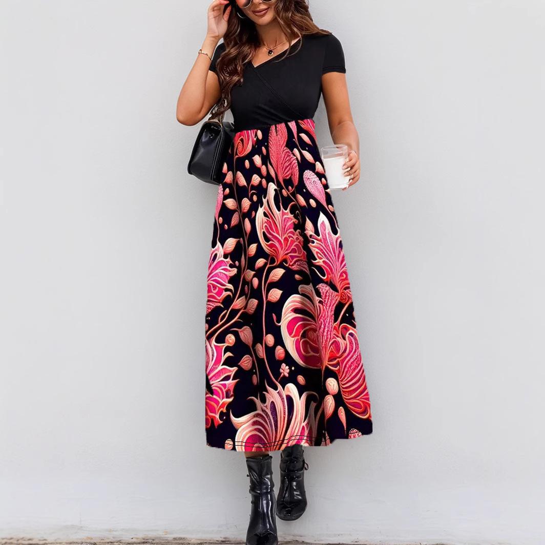 

Женский 3D цветочный принт Новое пэчворк повседневное платье с короткими рукавами и длинными рукавами Женское платье с принтом в виде V-образного выреза Свободные богемные ретро-платья 5XL розовый