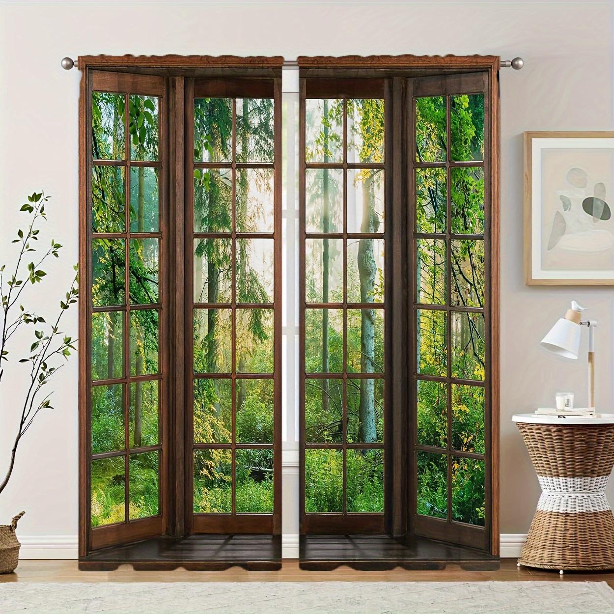 

2 шт. Летний весенний пейзаж с изображением дерева, леса, реки, камня, водопада, занавеска с цифровой печатью для гостиной, люверс для верхней части 140W160H(CM)55x63in&Rod Pocket