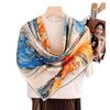 100% Pure Silk Scarf Women Neck Foulard Square Oil Painting Handscroll Edge Mulberry Silk Neckerchief Scarves Bandana 110*110cm