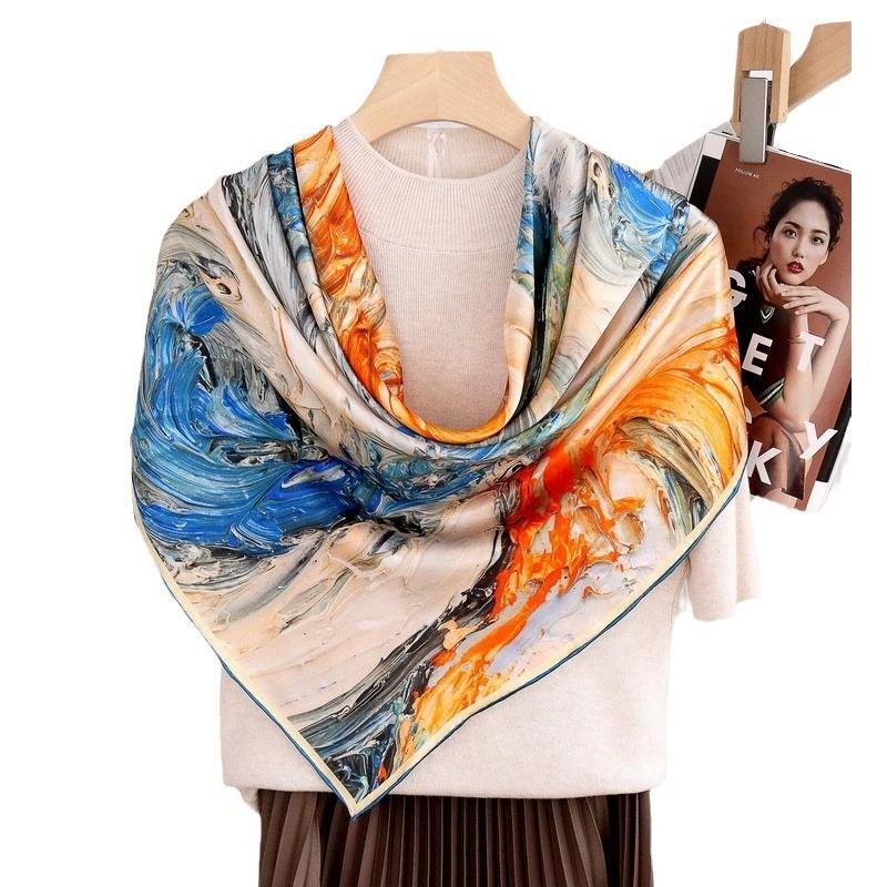 100% Pure Silk Scarf Women Neck Foulard Square Oil Painting Handscroll Edge Mulberry Silk Neckerchief Scarves Bandana 110*110cm