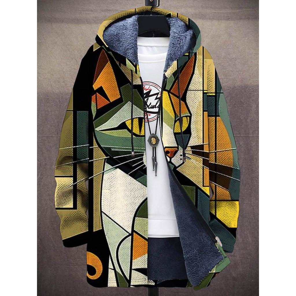 Men Cardigans Coats Geometric Stripe Square Printed Plush Thick Winter Abstract Art Graphics Jackets Casual Streetwear Clothing
