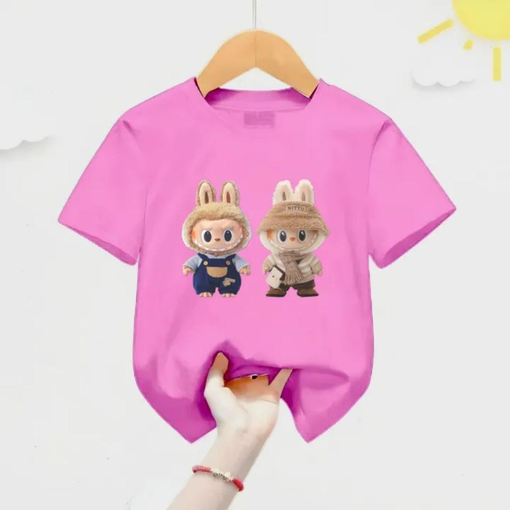 2025 New LABUBU Printed Short Sleeved Fashionable and Versatile Round Neck T-shirt Casual Cartoon Style Girl's Top